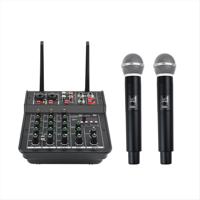 Consola Mezcladora de DJ de 4 Canales con Micrófono Dual Inalámbrico y Control de Audio Bidireccional Bluetooth para Escenarios de Karaoke en Casa.