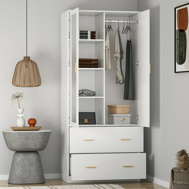 DiDuGo Armoire Wardrobe Closet with Mirror Doors and Hanging Rod for  Bedroom White 