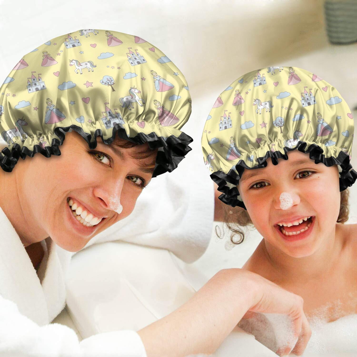 Shower Caps,Yellow Princess Unicorn Pattern Waterproof Shower Cap for Women 4 Pieces,Double Reusable Hair Cover for Shower PEVA Elastic Stretch Hem