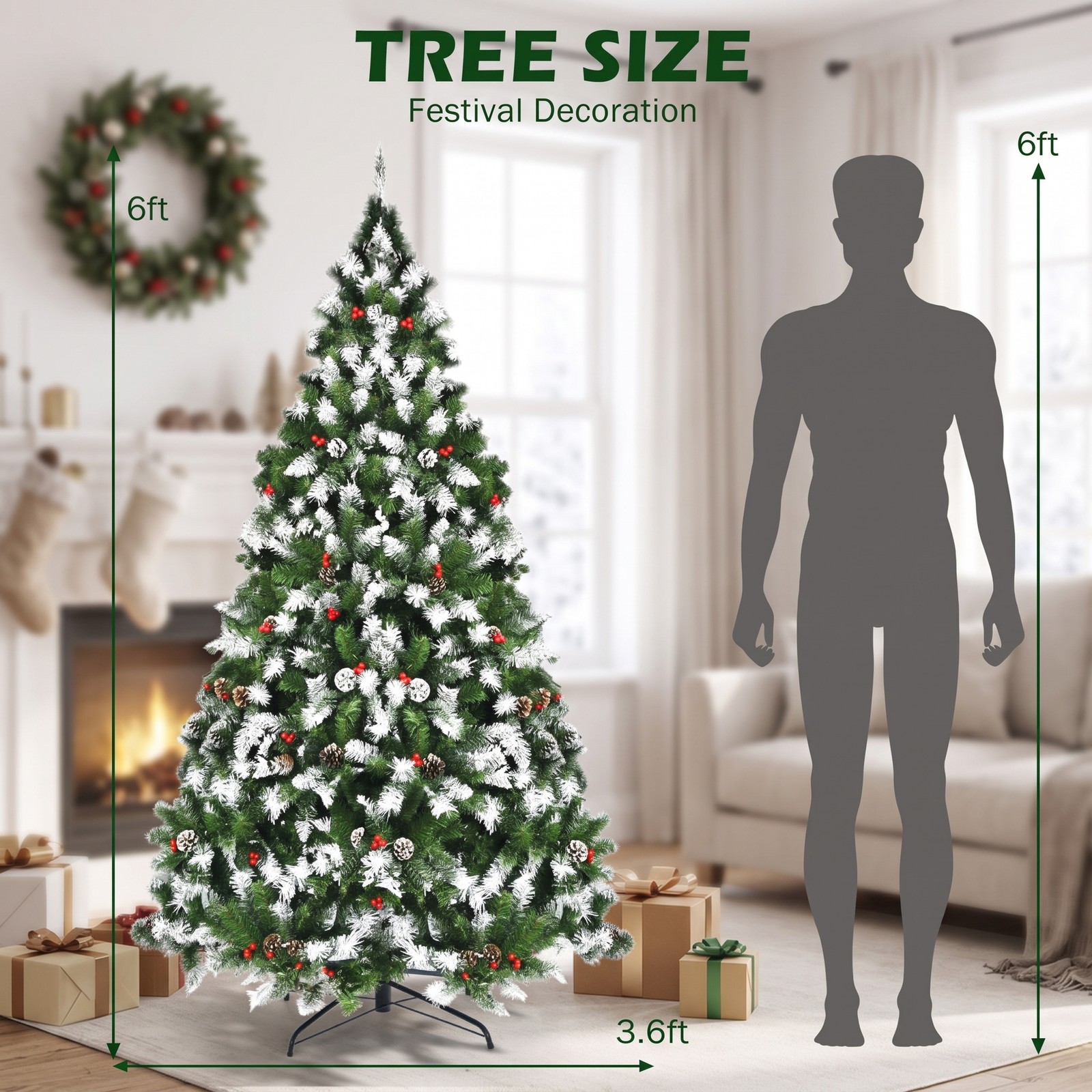 RUIE 6 ft Pre-Lit Snow Flocked Artificial Christmas Tree with Red Berries, Pinecones and 250 Warm White LED Lights, Hinged Full Xmas Tree with Metal Stand for, Green