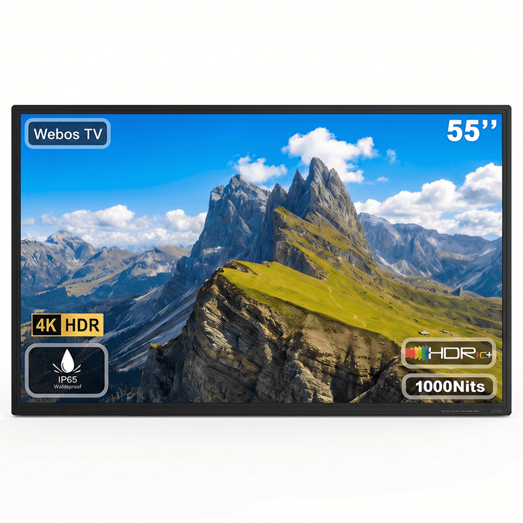 Fantasyview 55" Outdoor TV, 4K UHD, 1000-Nit, IP65 Weatherproof, HDR10, Dolby Audio, Rust-Resistant Aluminum, for Partial Sun