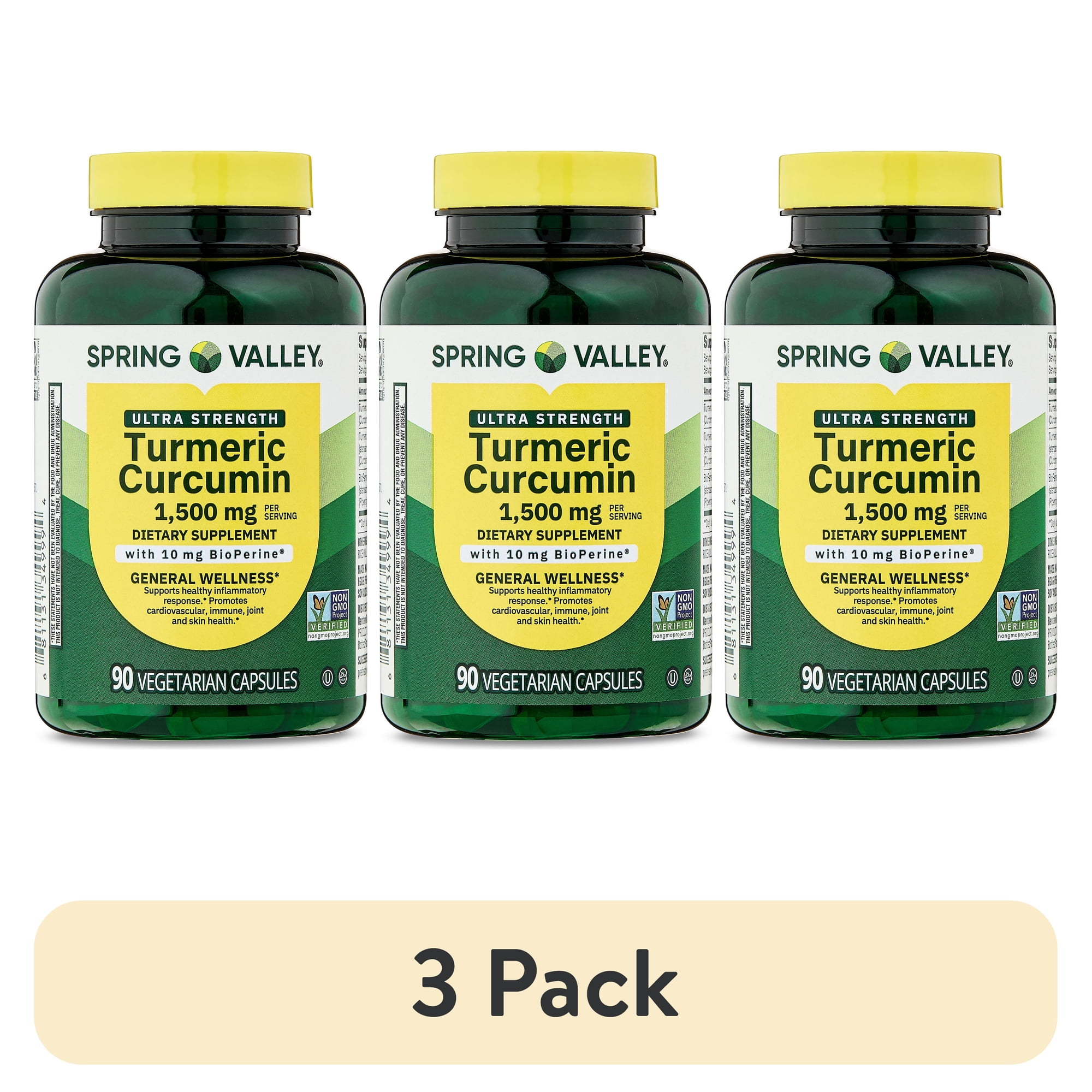 (3 pack) Spring Valley Ultra Strength Turmeric Curcumin Dietary Supplement Vegetarian Capsules for General Wellness, 1500 mg, 90 Count