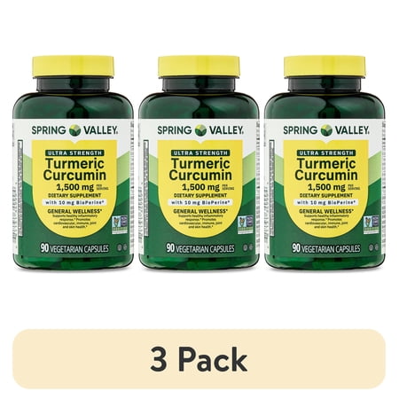 (3 pack) Spring Valley Ultra Strength Turmeric Curcumin Dietary Supplement Vegetarian Capsules for General Wellness, 1500 mg, 90 Count