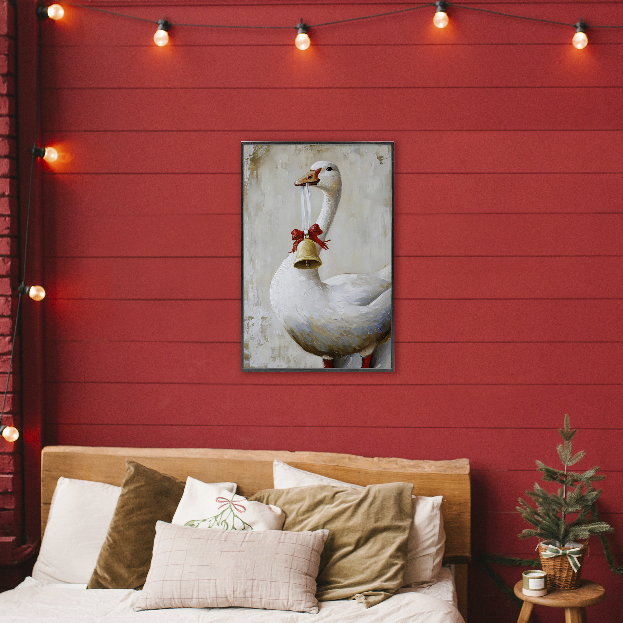 Festive Jingle Goose Black Framed Giclee Art, design by Petal Prints Design