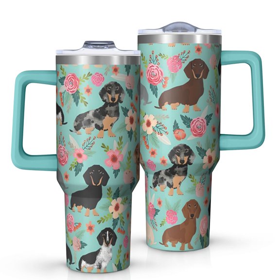 OBREWU Dachshund and Flower Tumbler with Handle and Lid,Dachshund and Flower 40oz Double Wall Vacuum Insulated Tumbler,Cups Gift for Women and Men