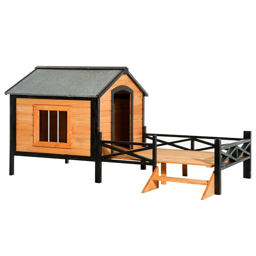 PawHut 67" Large Wooden Cabin Style Elevated Outdoor Dog House with Porch