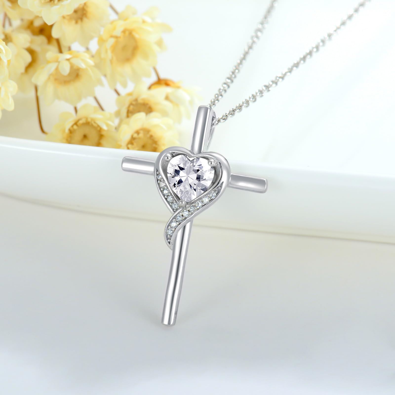 WINNICACA April Birthstone Diamond Cross Necklace for Women 925 Sterling Silver Heart Cross Pendant Necklace Birthday Valentines Mothers Day Jewelry Gifts for Women