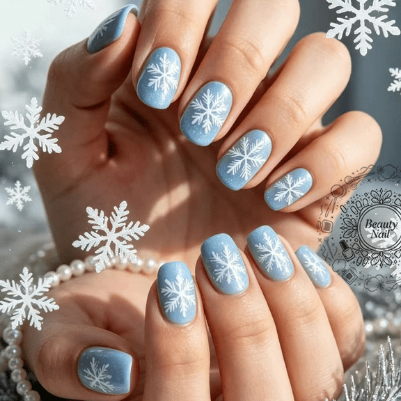 24Pcs Winter Christmas Press on Nails, Medium Short Round Fake Nails with White Snowflake Print, Light Blue Shimmer Glitter False Nails, Artificial Nails for Nail Art Decorations & Manicure Supplies