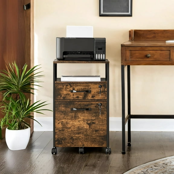 LEDREM Mobile 2-Drawer File Cabinet with Lock & Wheels, Steel Frame Office Storage for A4/Letter Files, Includes Open Shelf & Locking Casters, Rustic Brown and Black