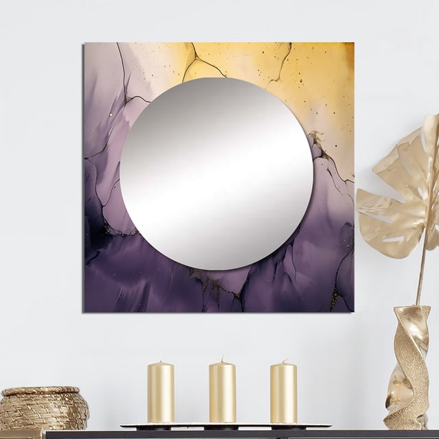 Designart "Ink Clouds of Purple and Gold Marble IV" Fractals Square Mirror For Wall Decor - Large Purple Square Printed Wall Mirror Art - Wall Mounted Square Large Mirror