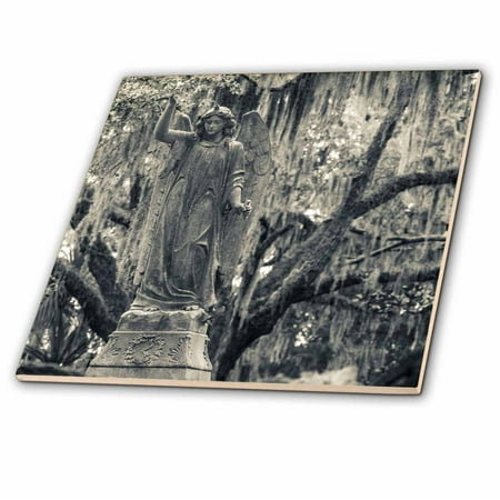 3dRose Georgia, Savannah, Bonaventure Cemetery, Black and White - Ceramic Tile, 4-inch