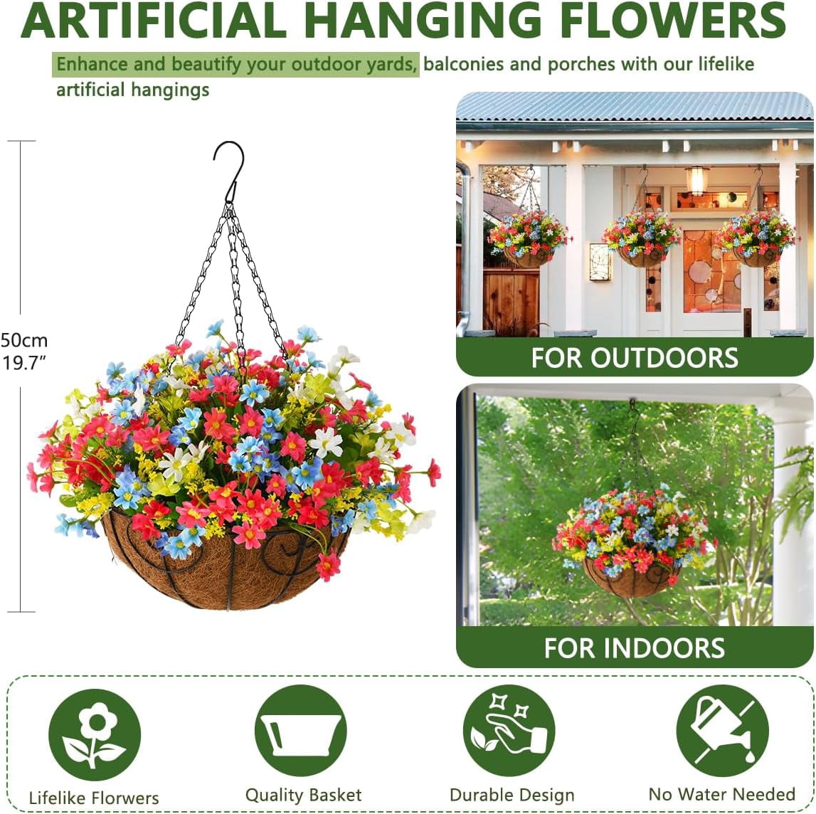 Artificial Hanging Flowers in Basket,Fake Daisy Plants Arrangement,inch Coconut Lining Basket Hanging Plant,Outdoor Indoor Patio Lawn Garden Porch Spring Decor (Dark Purple)