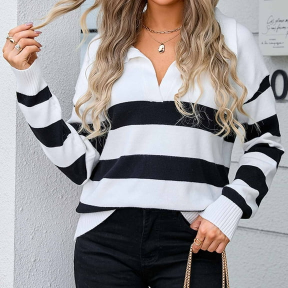 Amidoa Long Sleeve Women's Sweaters V-Neck Striped Black Lightweight Fall Collared Sweaters Cardigans for Women Trendy L