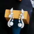 thumbnail image 6 of EOEMY Long Leaf Dangle Drop Pearl Earrings Cz Top White Gold Plated Costume Jewellery, 6 of 9