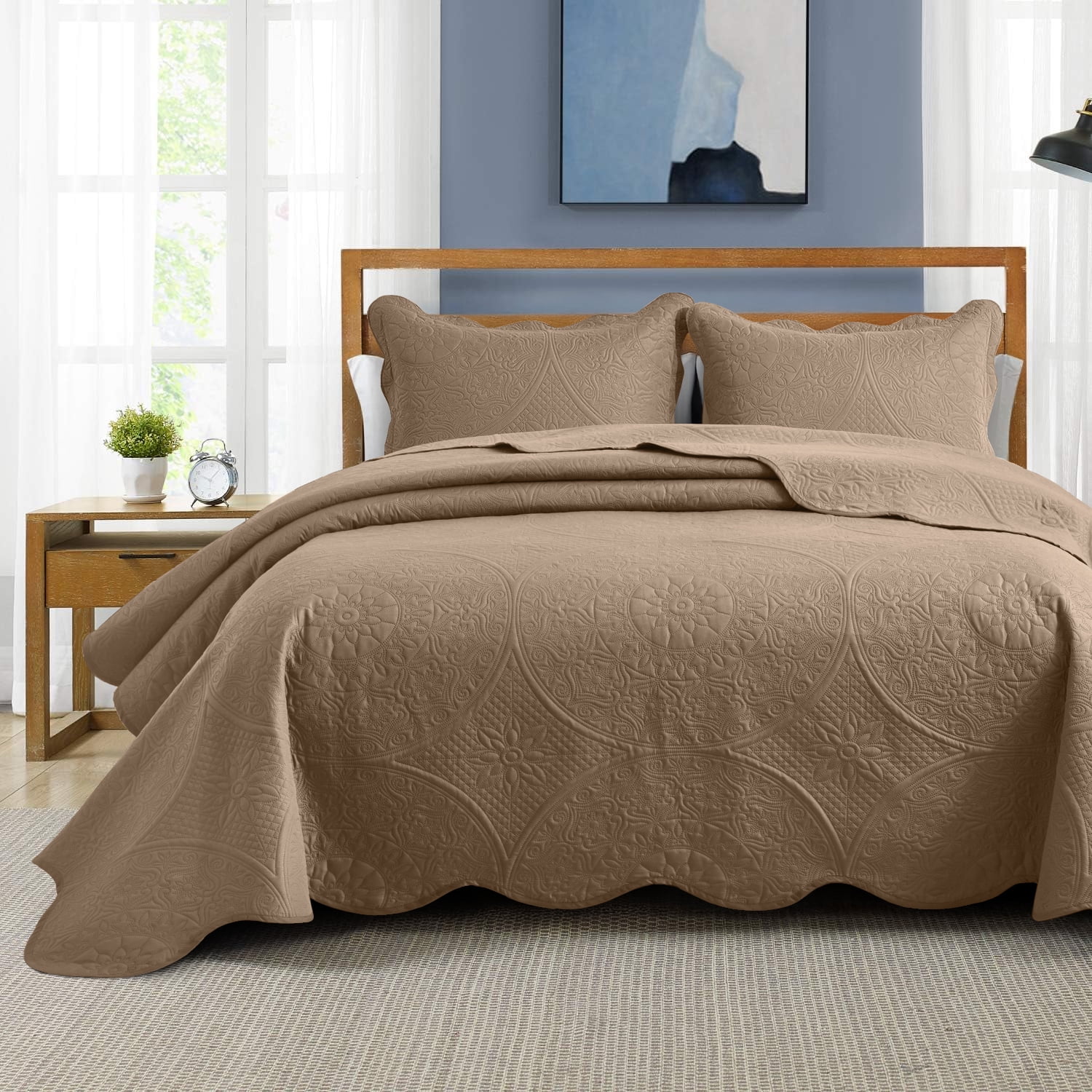 IR Imperial Rooms 3Pc-Embossed Luxury Bedspread 80 GSM Microfiber Floral Vintage Quilt Set Lightweight King Beige