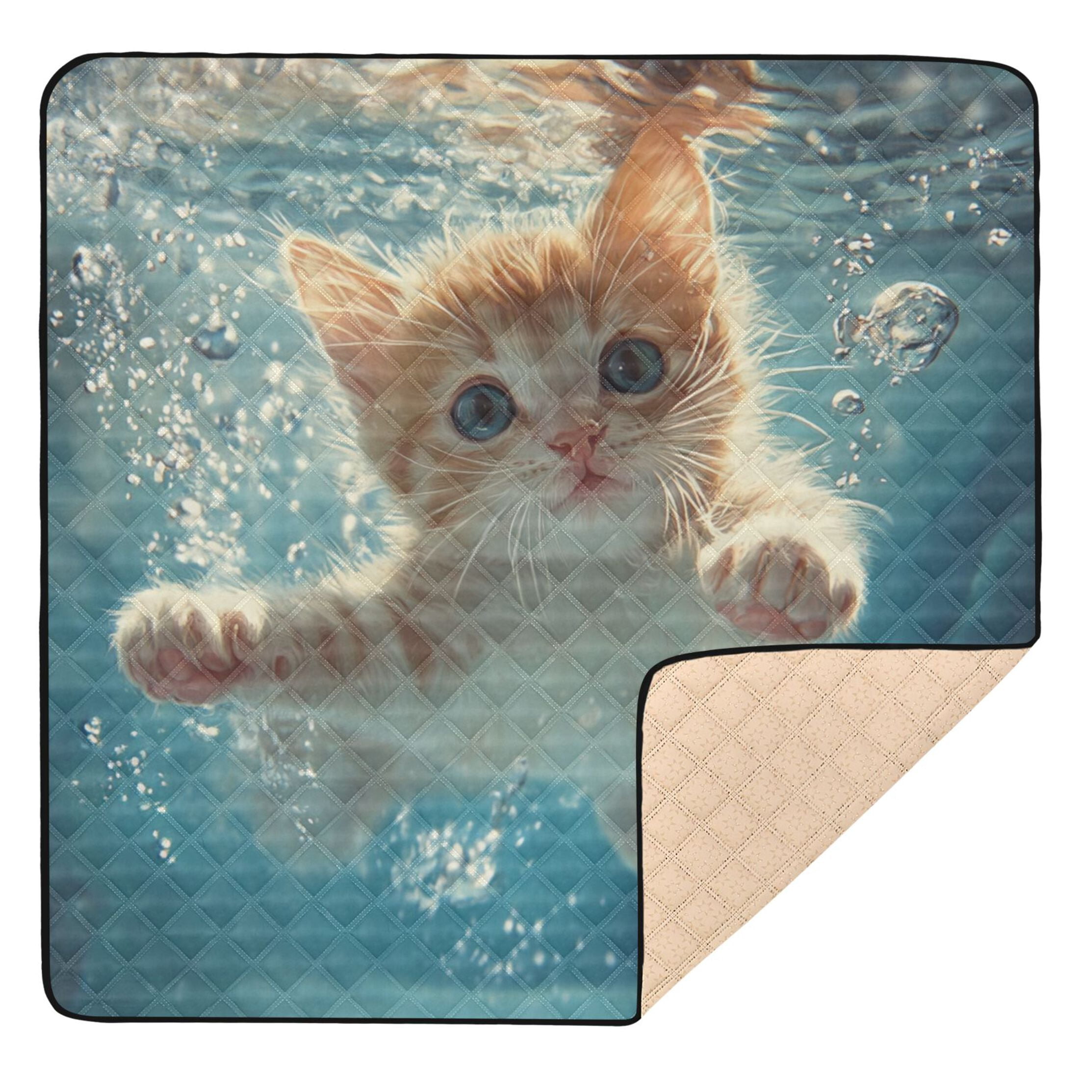 WOBOGO Cute Kitten Swim Underwater Baby Playmats Extra Large Waterproof Rollable Activity Pads for Toddlers 50×50inch
