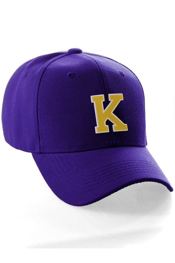 Classic Baseball Hat Custom A to Z Initial Team Letter, Purple Cap White Gold Letter K