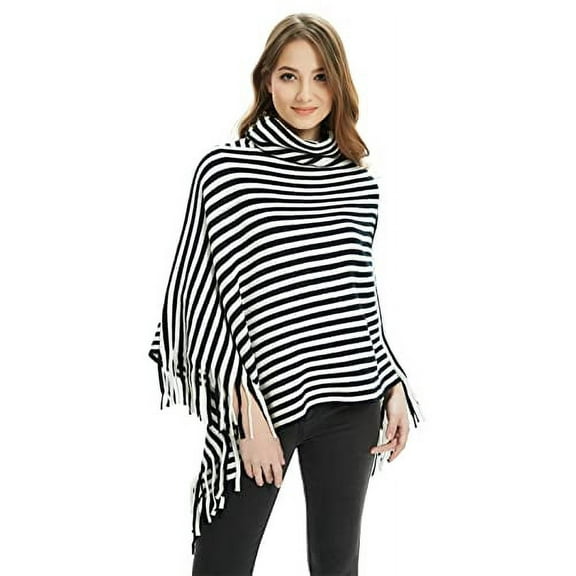 StylesILove Women Autumn Winter Knit Striped Turtleneck Fringe Poncho Pullover Shawl Warm Soft Wrap Lightweight Cape (Black)