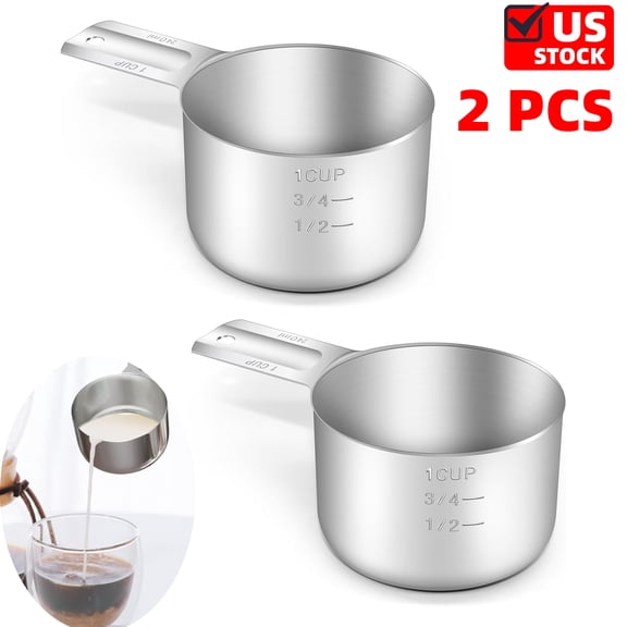 2 Pack 1 Cup (240 ml | 8 oz | 240 cc) Stainless Steel Measuring Cup, Metal Measuring Cup for Cooking & Baking