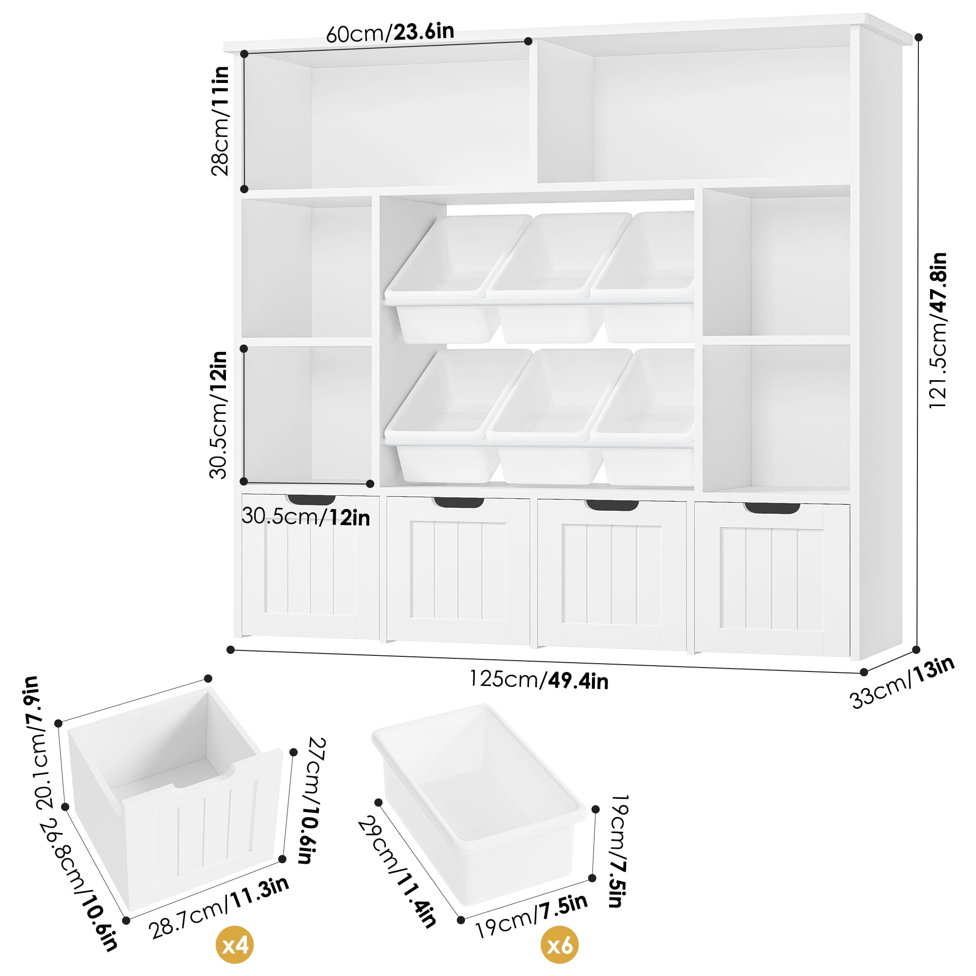 Hiphuta Large 4 Tier Kids Bookcase, Wood Toy Organizer of 6 Boxes & 4 Removable Drawers, Bookshelf for Kids Room Classroom, White