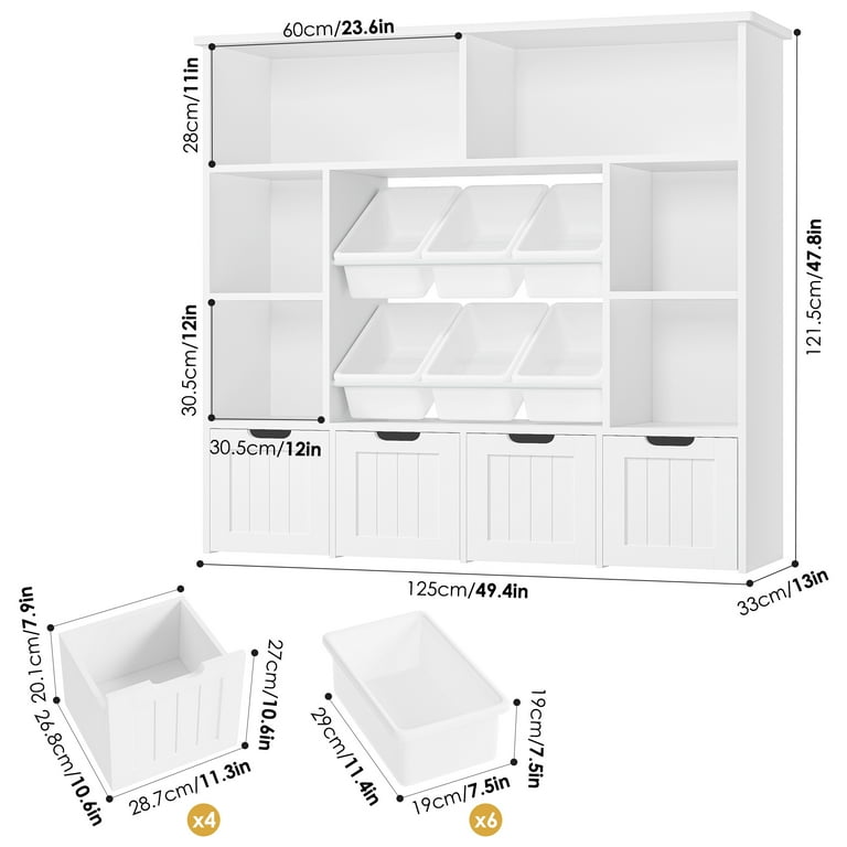 Hiphuta Large 4 Tier Kids Bookcase, White Toy Storage with