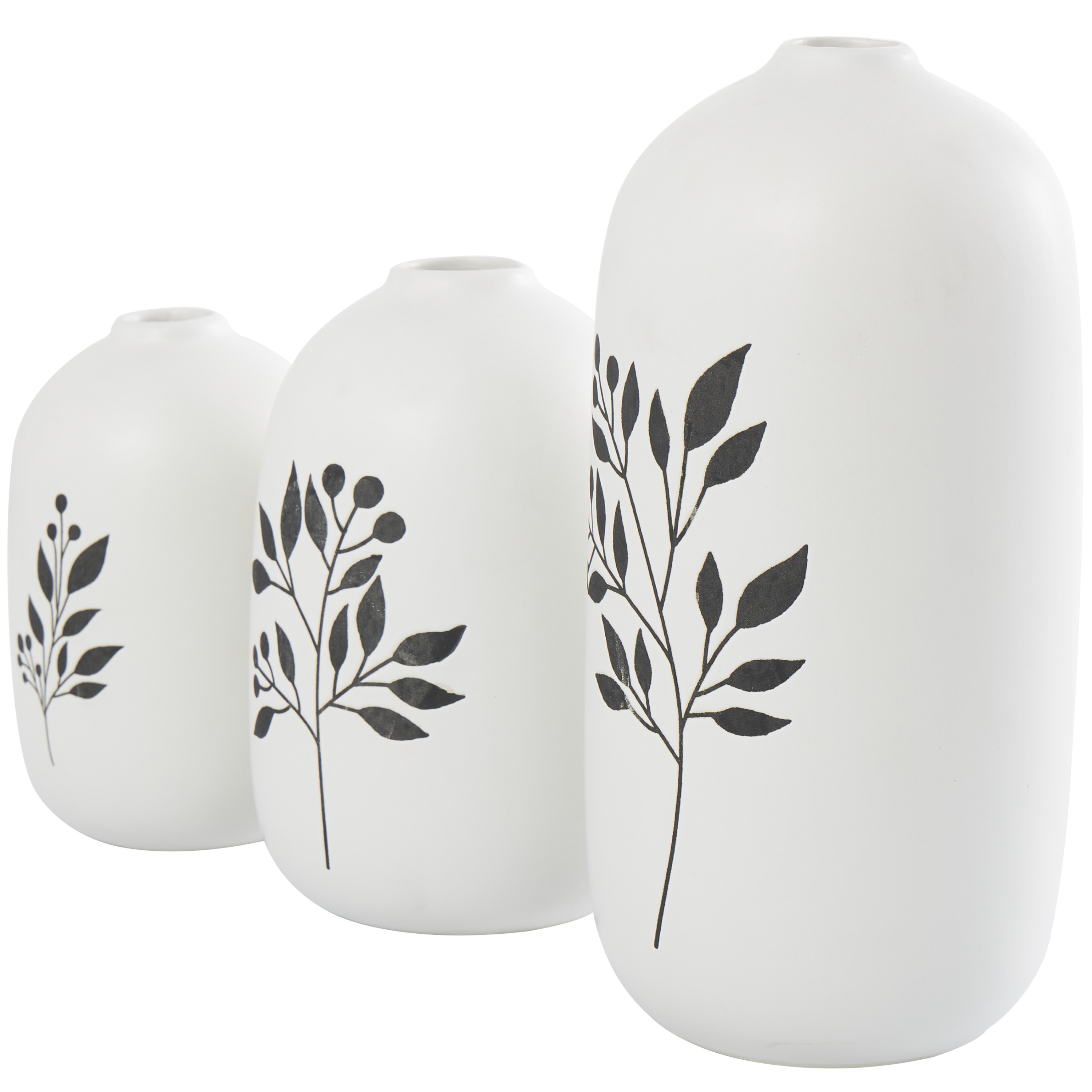 DecMode 10", 7", 6"H White Ceramic Vase with Black Leaf and Berry Prints, Set of 3