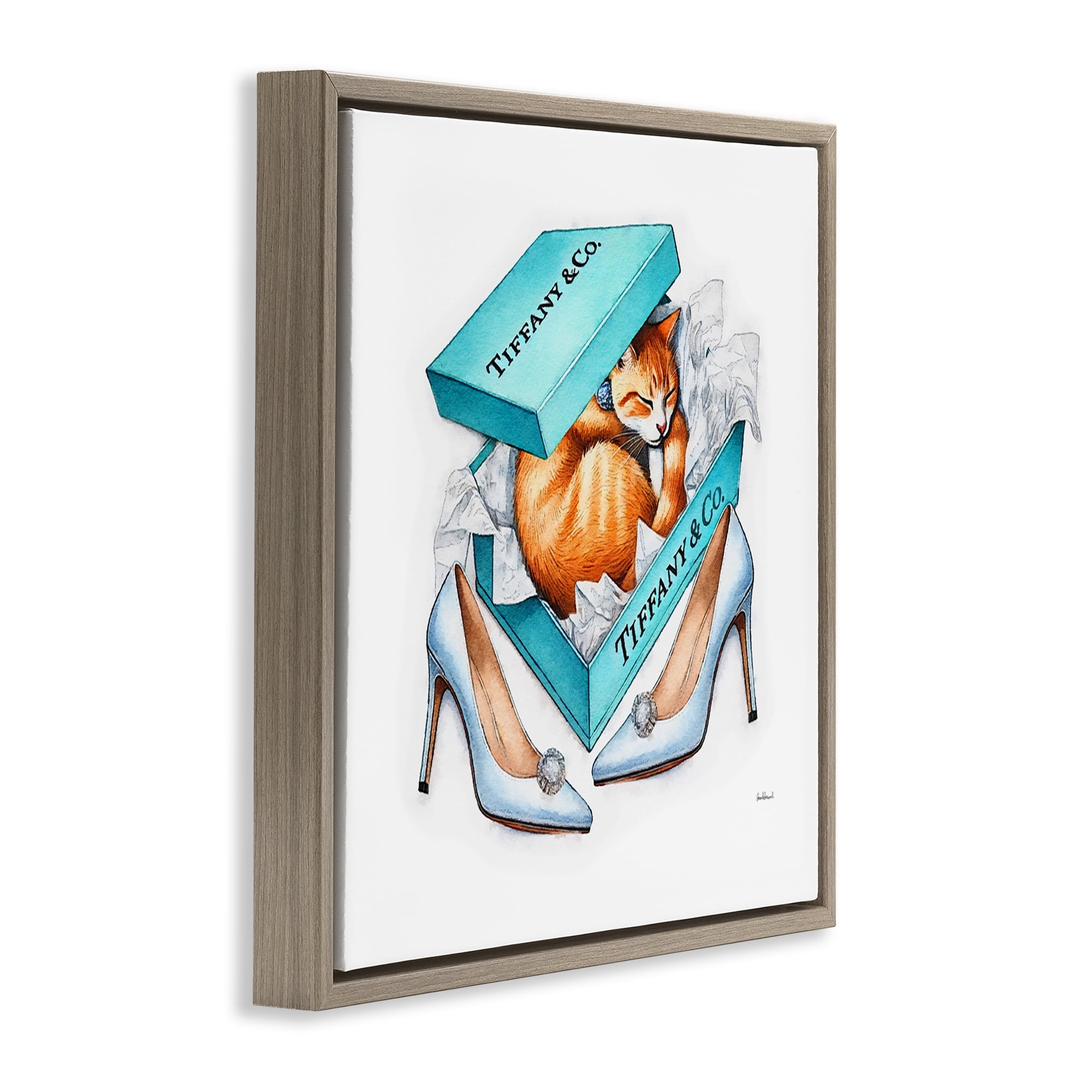 Stupell Industries Blue Shoebox with Cat Animals Painting Brown Floater Framed Canvas Art Print Wall Art, 25 x 25