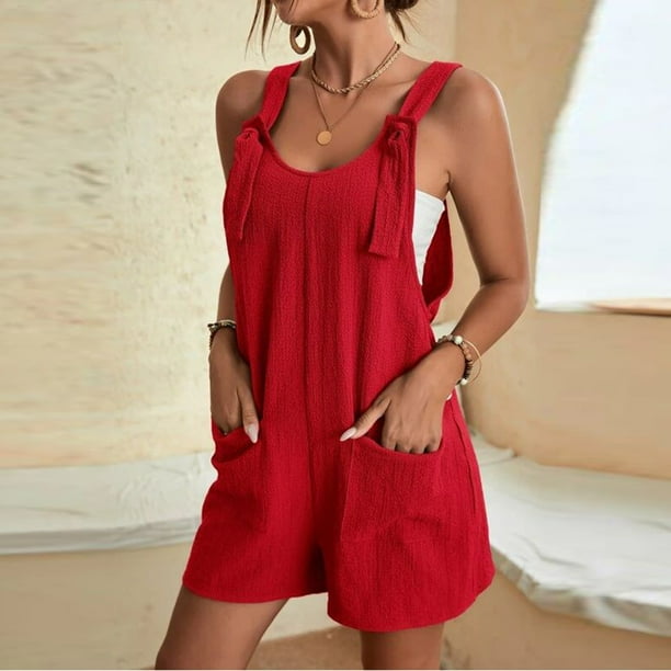 ICHUANYI Clearance Women's Summer Comfortable Casual Suspender Shorts Color Pocket Jumpsuit Shorts(Red, XXL) ICHUANYI WER2023080804203