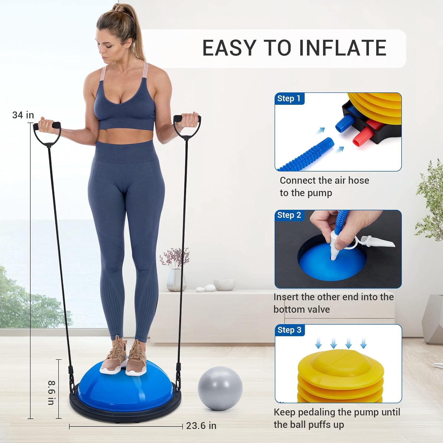 23in  Ball with Resistance Bands and Pump for  Strength and Stability Training