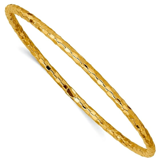 14k Yellow Gold Hollow Slip on Polished Textured Bangle Bracelet 3mm Wide Cuff Bracelet for Women