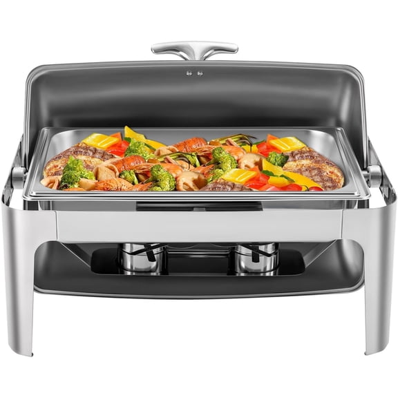 Roll Top Chafing Dish Buffet Set, 9.5 Qt Stainless Steel Rectangular Chafer Set with 2 Fuel Cans Warming Tray for Wedding, Parties, Banquet, Catering Events, Graduation