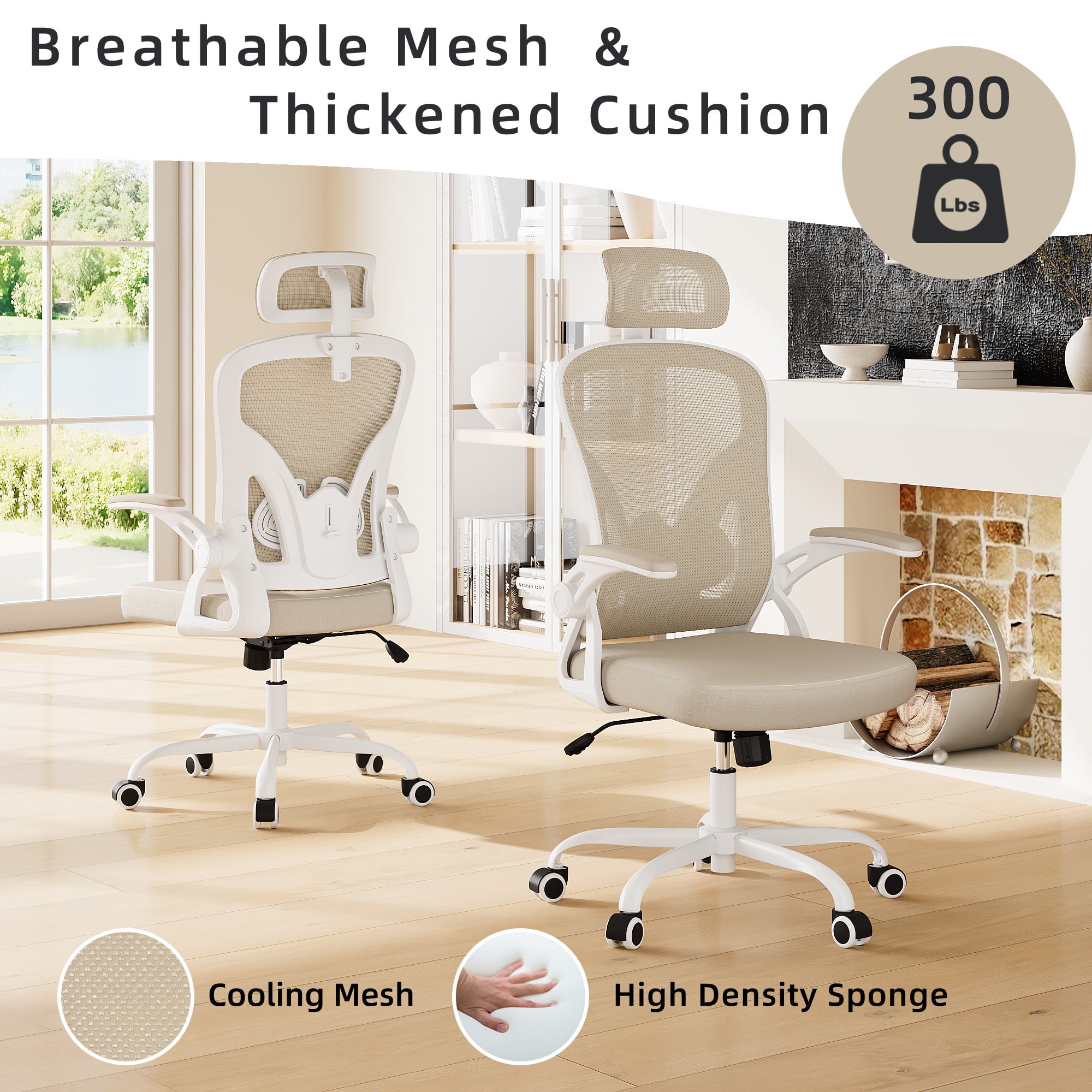 MAYEERTY Ergonomic Home Office Chair with Headrest, Flip-Up Armrests, Adjustable Lumbar Support, White-Khaki