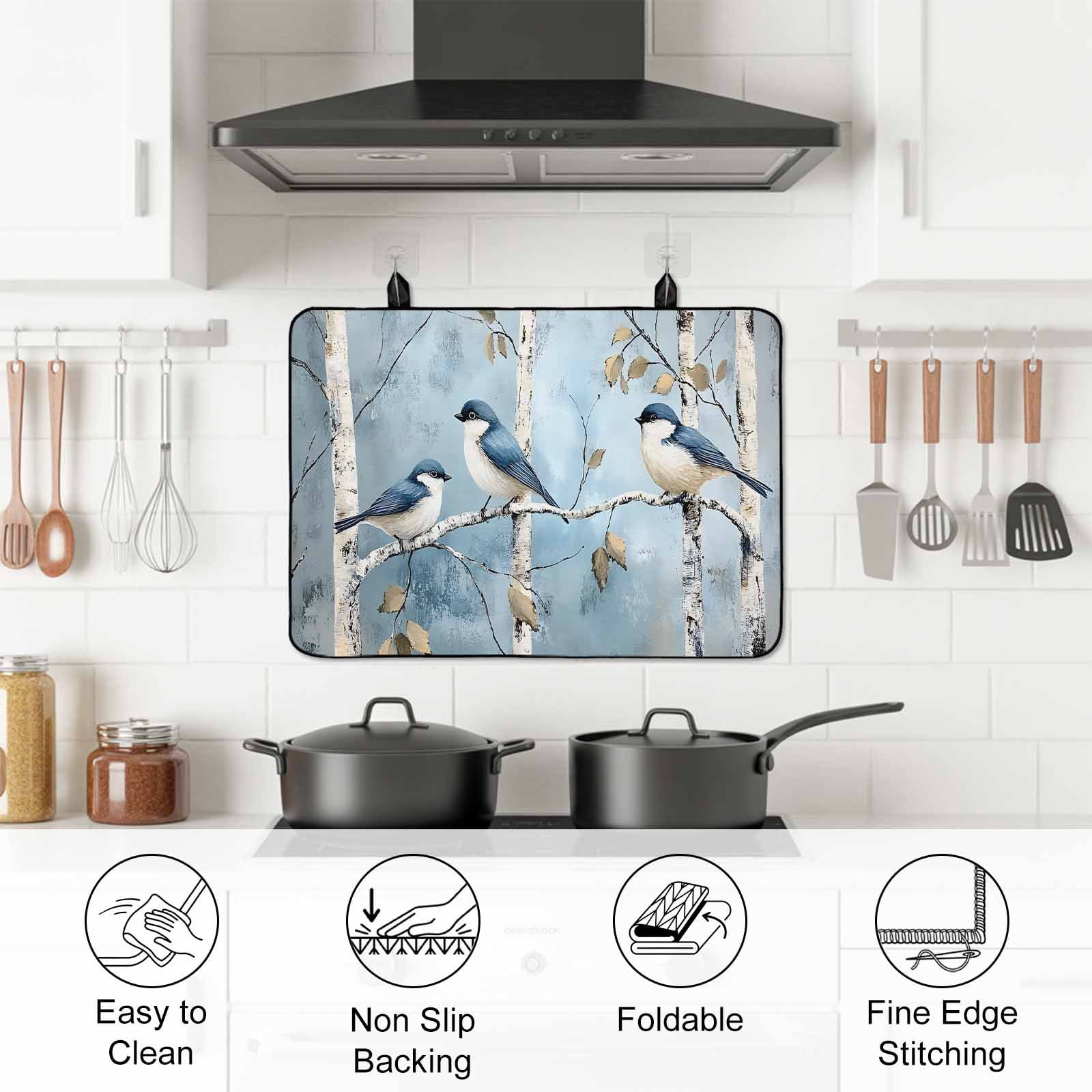 Oil Painting Birds Stove Top Cover for Electric Stove, Heat-proof & Non Slip Glass Top Stove Cover Protector, Vintage Animals Branches Kitchen Flat Cooktop Rubber Mat 31x24 Inches