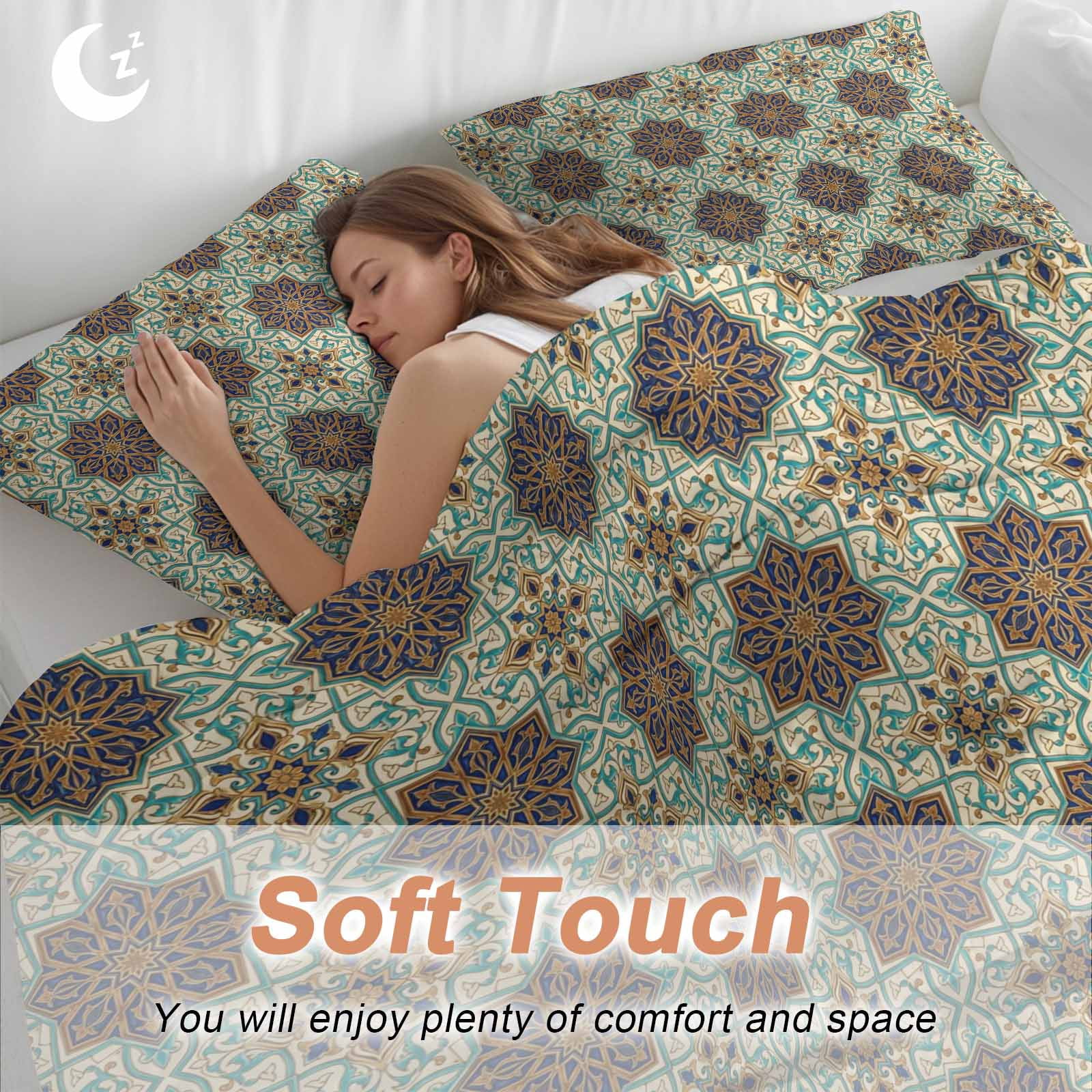 Mediterranean Bedding 3 Piece Duvet Cover Set Full Size, Vintage Morocco Abstract Pattern Brown Green Microfiber Comforter Cover with Zipper Closure & Pillowcases, Wrinkle & FadeResistant Quilt Cover