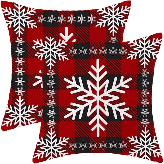 Christmas Pillow Covers 18 x 18 Inch Set of 2 Red Black Buffalo Plaid Checked Snowflake Throw Pillows Outdoor Decorative Xmas Winter Pillowcases Linen Cushion Cases for Farmhouse Home Bed Sofa Couch