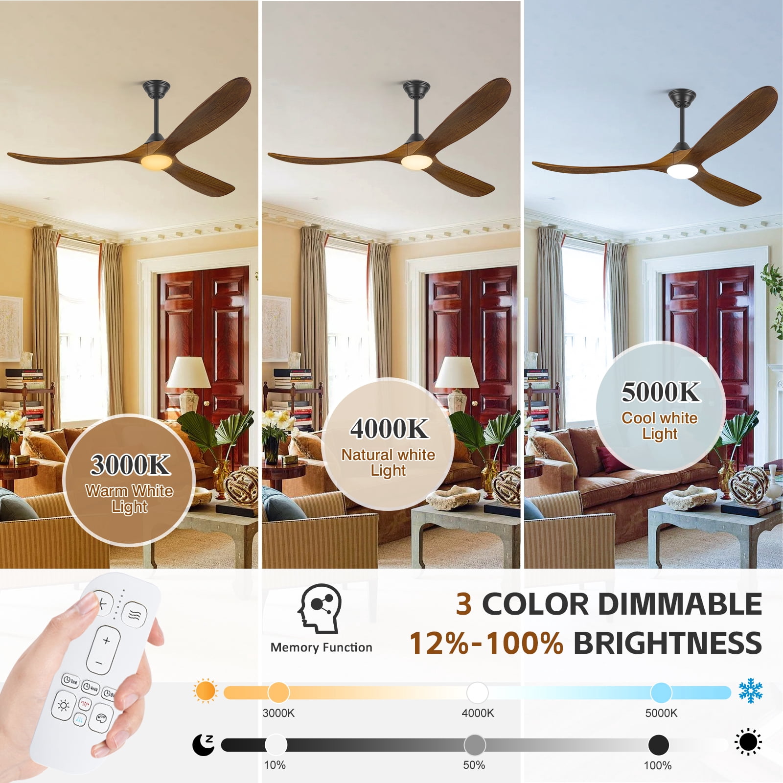70 inch Large Outdoor Ceiling Fan with Light for Patio, 3 Blades Wooden Propeller Design, Rustic Farmhouse Style in Brown, Smart Remote/APP/Alexa Control, Indoor High CFM DC Motor for Big Living Room