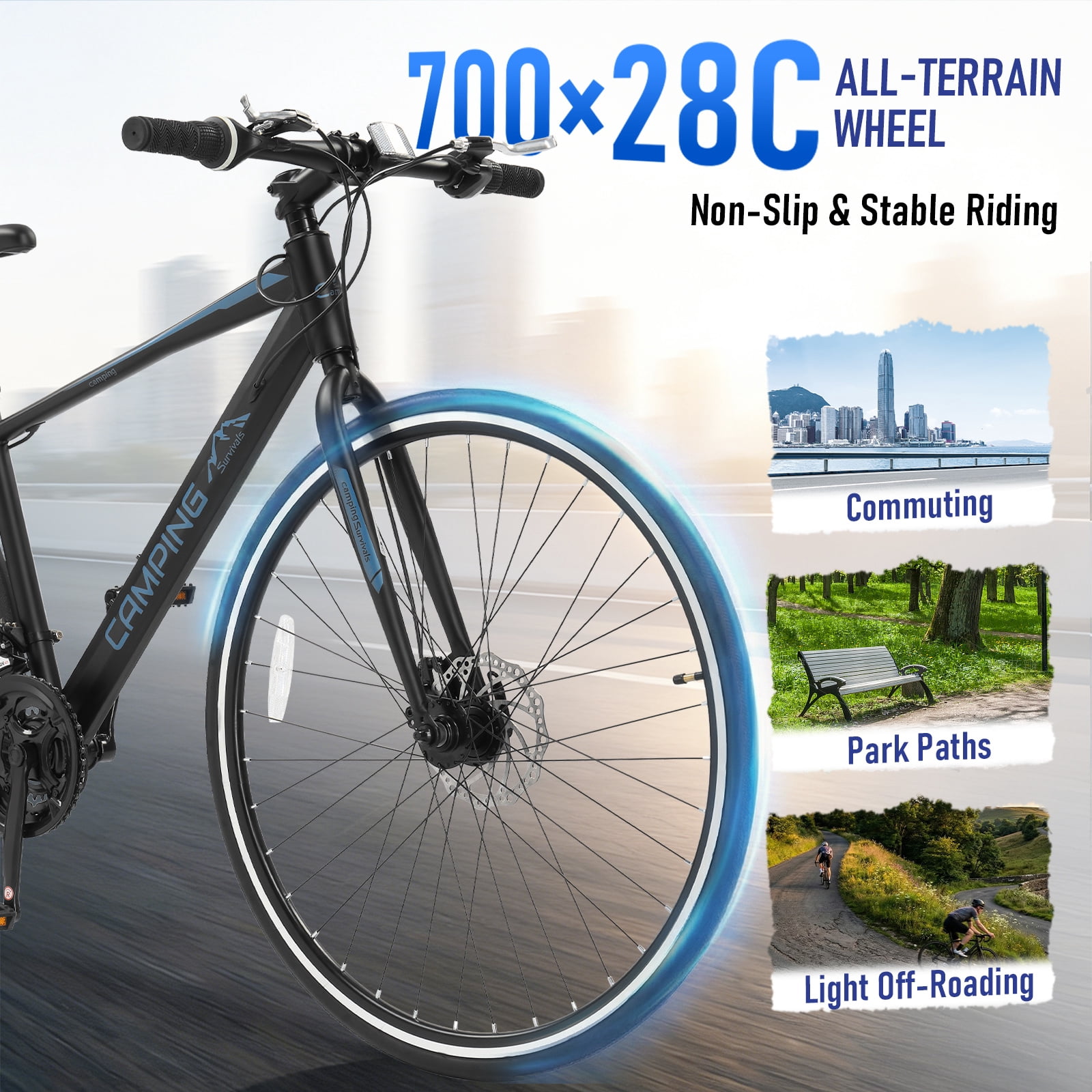 UBesGoo Hybrid Bike for Adult, 700C Road Bike,  21 Speed City Commuter Bicycle, Disc Brakes, Black Blue