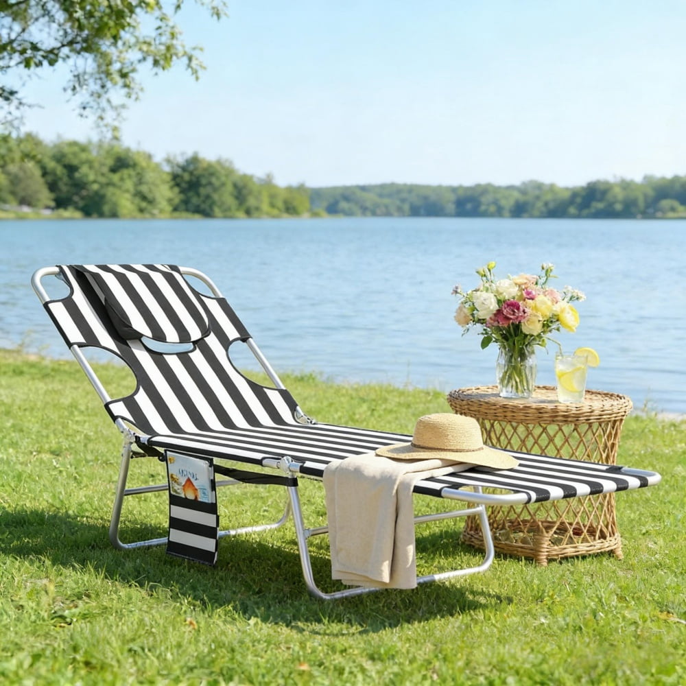 Outdoor Folding Sun Lounger 5-Position Adjustable Backrest Face Cavity & Arm Slots with Side Pocket Carry Strap Breathable Oxford Fabric Lounge Chair for Beach Pool Patio