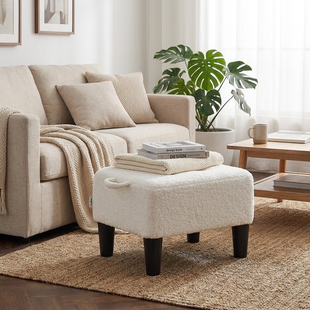 Ledrem Small Ottoman Foot Stool with Thick Cushion and Sturdy Angled Legs, White
