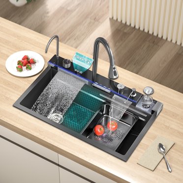 Piano 304-Grade Kitchen Sink with Integrated Waterfalls, Digital Display, Pull-Out & RO Faucet (30 x 18 x 9 Inches) – Dinora Piano 304-Grade Kitchen Sink with Integrated Waterfalls, Digital Display, Pull-Out & RO Faucet (30 x 18 x 9 Inches) – Dinora