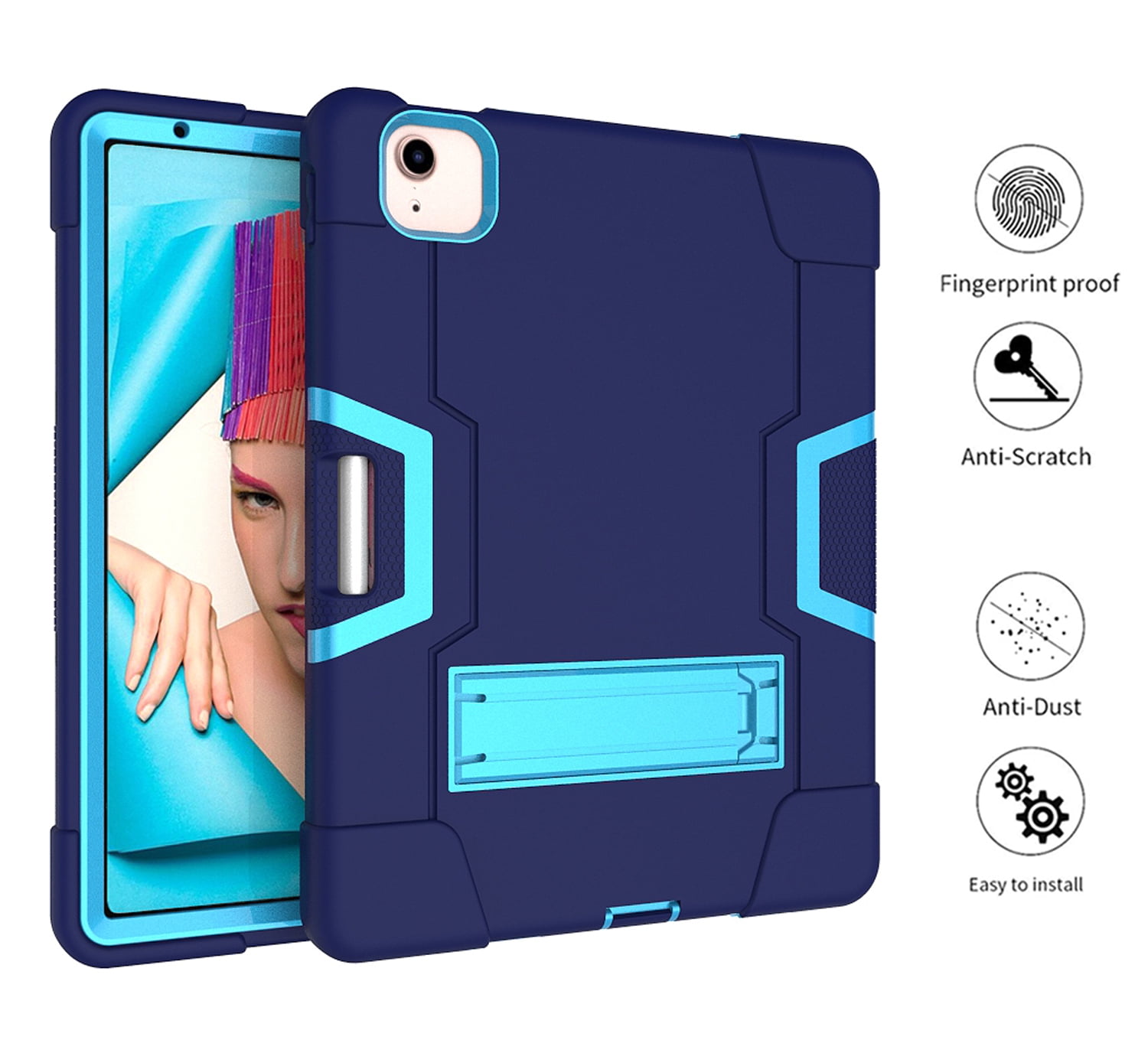 Allytech iPad Air 5 Case 2022, iPad Air 4 Case 2020, Heavy Duty Protection Shockproof Build In Kickstand Pencil Holder Kids Friendly Case for Apple iPad Air 5th 4th Generation, BlackNavyblue/Blue