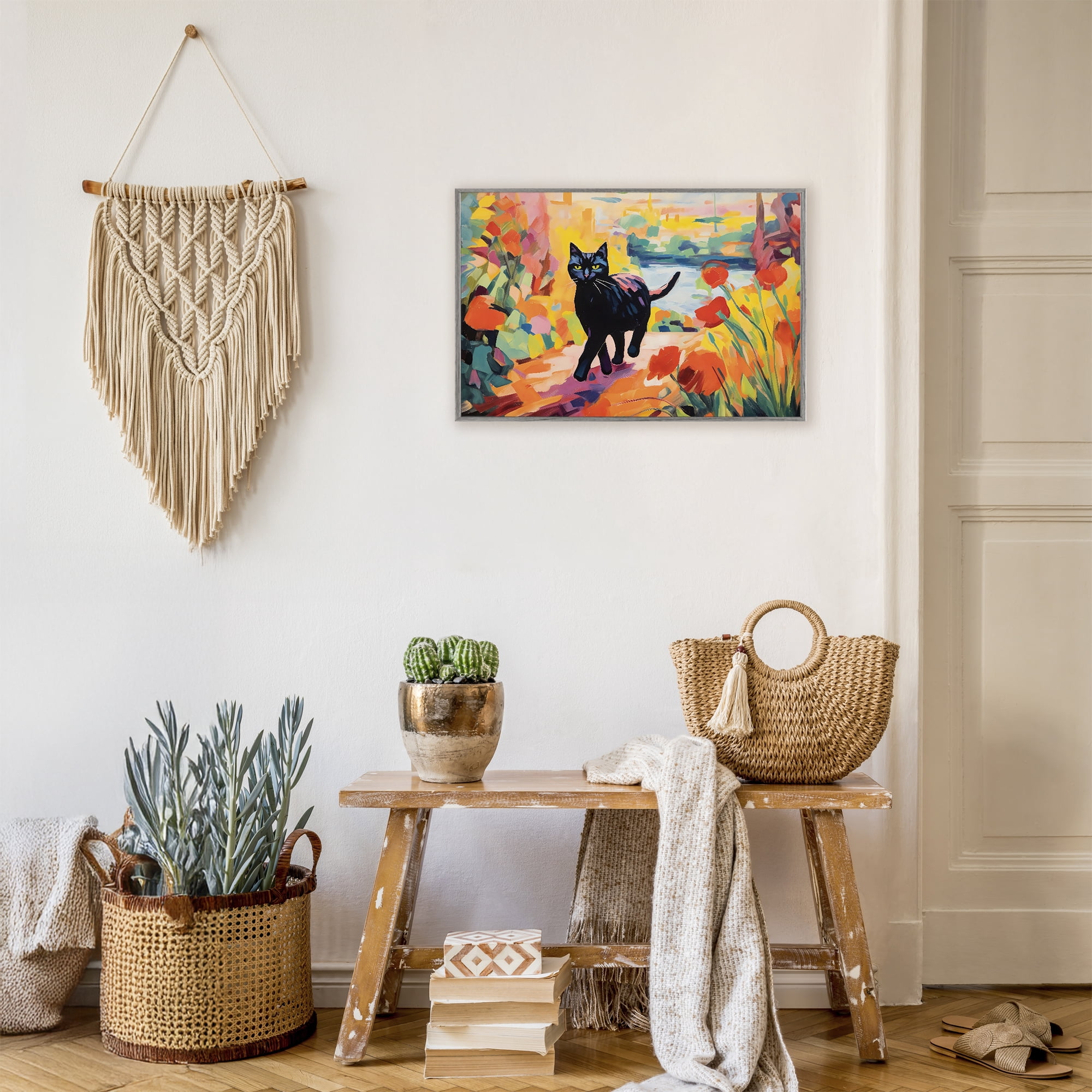 Stupell Industries Sunlit Black Cat in Garden Gray Framed Giclee Art, design by Creative Studio