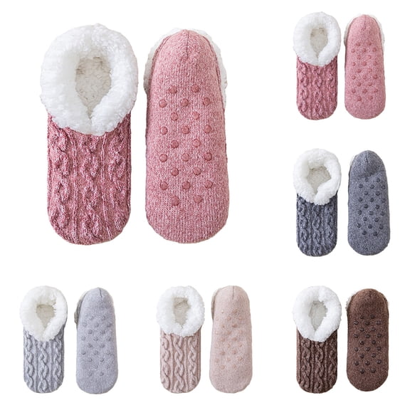 CNEJRHG 1Pair Women Double Layer Cable Knit Sherpa Fleece Lined Slipper Socks, Full Sole Anti-Slip Silicone Floor Ankle Socks, Extra Warm Winter Plush Cuff Thermal House Lounge Crew Socks Coffee