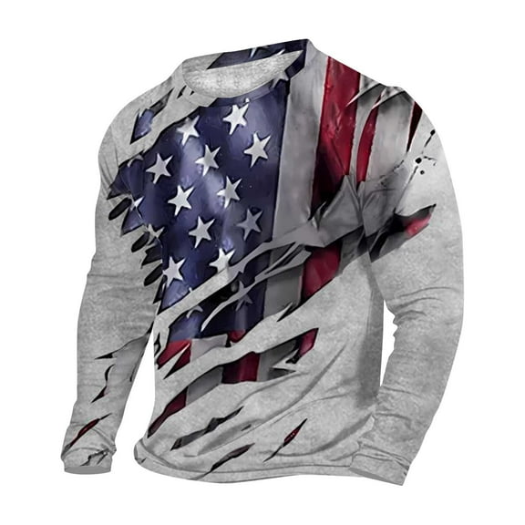 Mens Shirts Long Sleeve Casual Round Neck Pullover Printed Blouse Gray 2XL