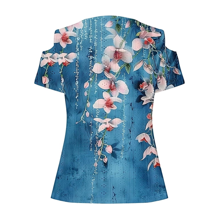 Cold Shoulder V Neck Floral Short Sleeve Tops For Women - Casual Summer Graphic Print Blouses
