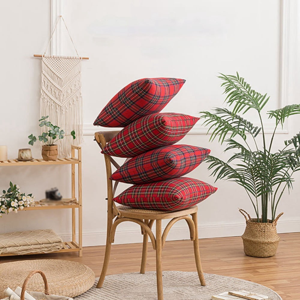 Christmas Pillow Cover 20x20 Set of 4 - Red Tartan Checkered Throw Pillow Cover, Farmhouse Buffalo Plaid Xmas Decorative Cushion Case for Couch Sofa, Christmas Holiday Decor
