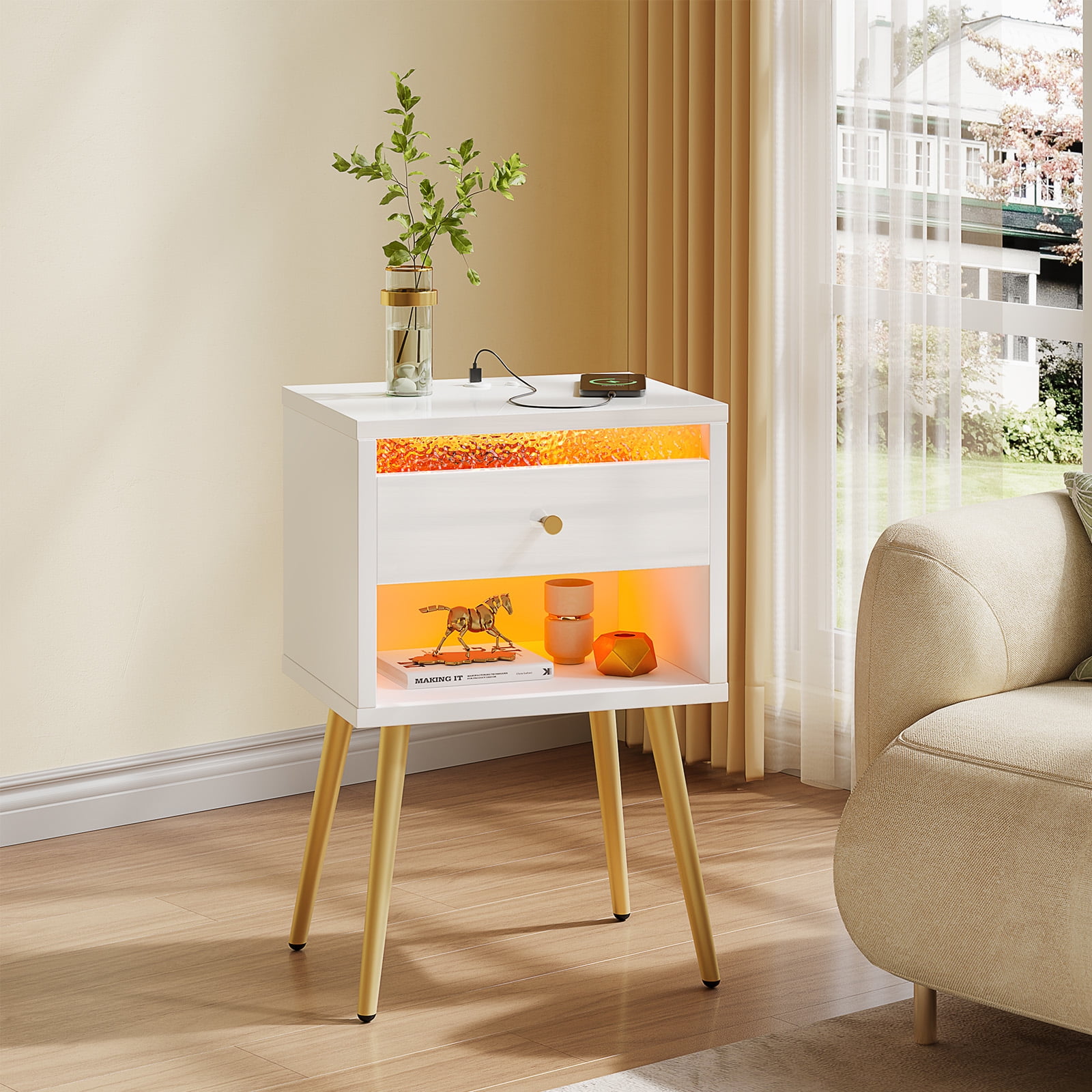 Pinmoco LED Nightstand with Charging Station, Modern End Side Table with Drawer and Open Storage for Bedroom, White