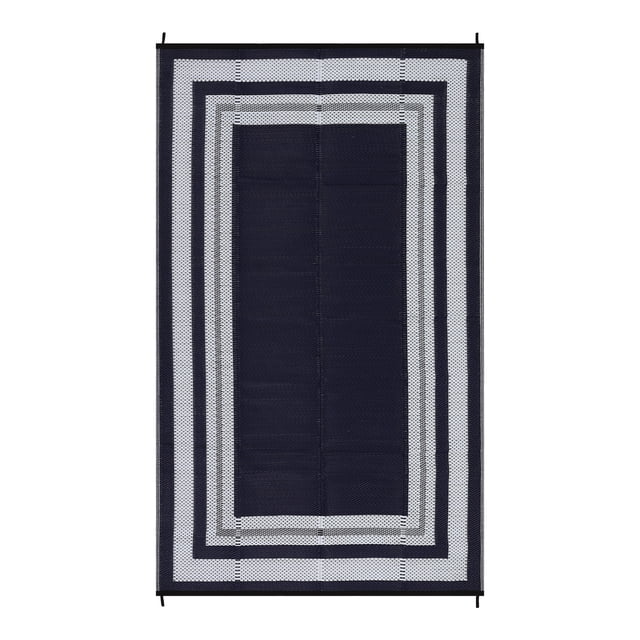 9x12 Outdoor Rug – Waterproof Reversible Plastic Straw Mat – Modern Border – RV, Patio, Camping, Balcony, Deck, Backyard & Porch – Indoor/Outdoor, Navy and White