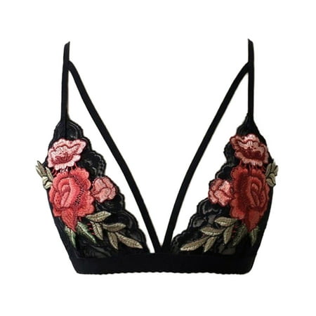 

nsendm Womens Embroidered Lace V Neck Floral Crop Bust Backless Bralette Sheer Bras for Women Front Closure Underwear Black Large