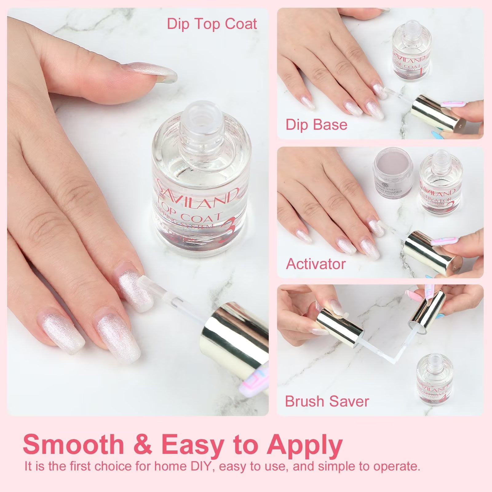 Saviland Dip Powder Liquid Set - Dip Powder Nail Kit With Dip Powder Activator, Base and Top Coat, Brush Saver and Nail File for Beginners